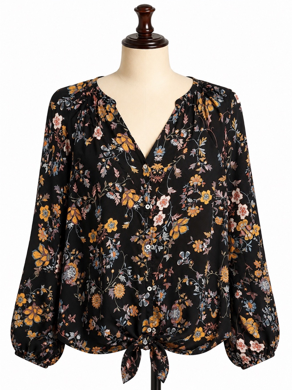Sweet Rain Black Floral Tie-Front Blouse